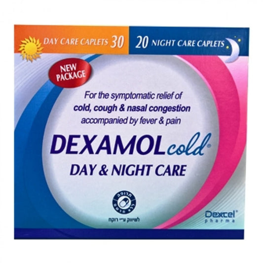 Dexamol Cold - Intended for the relief of symptoms accompanied flu and common cold such as cough, runny nose, fever and pain. 48 daytime caplets and 16 nighttime caplets.