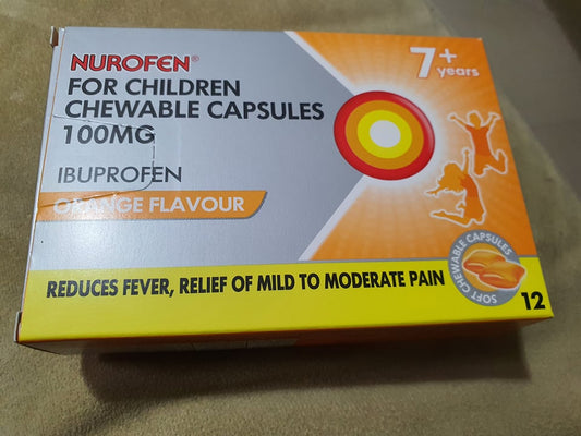 Nurofen Ibuprofen 100mg For Children CHEWABLE 12 Capsules 7+ Years Relief -Fever - Pain